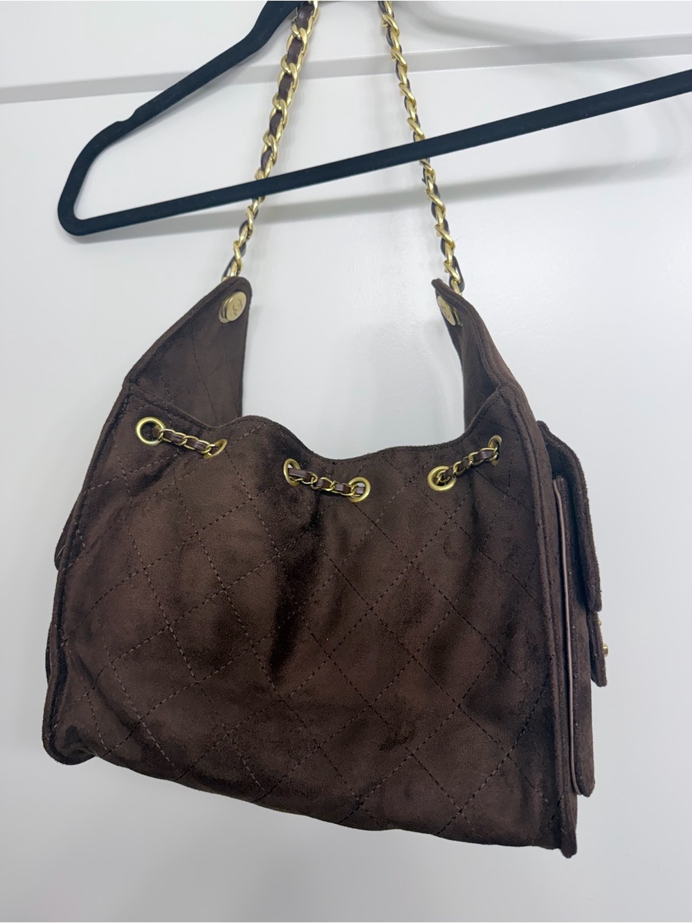 Brown Quilted Faux Suede Handbag - Picture 4 of 6